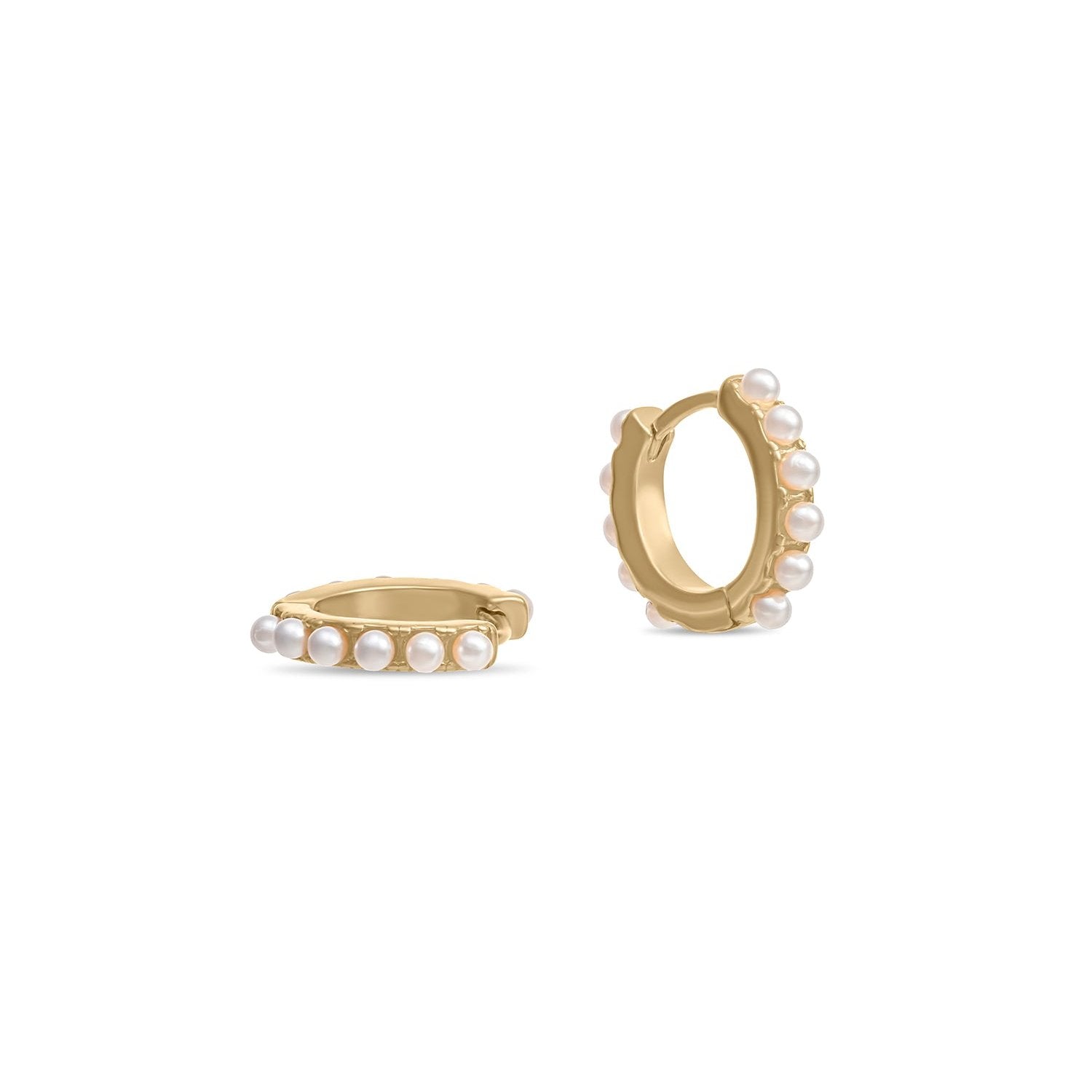 Gold Plated Pearl and Turquoise Pave Mini Huggie Earrings