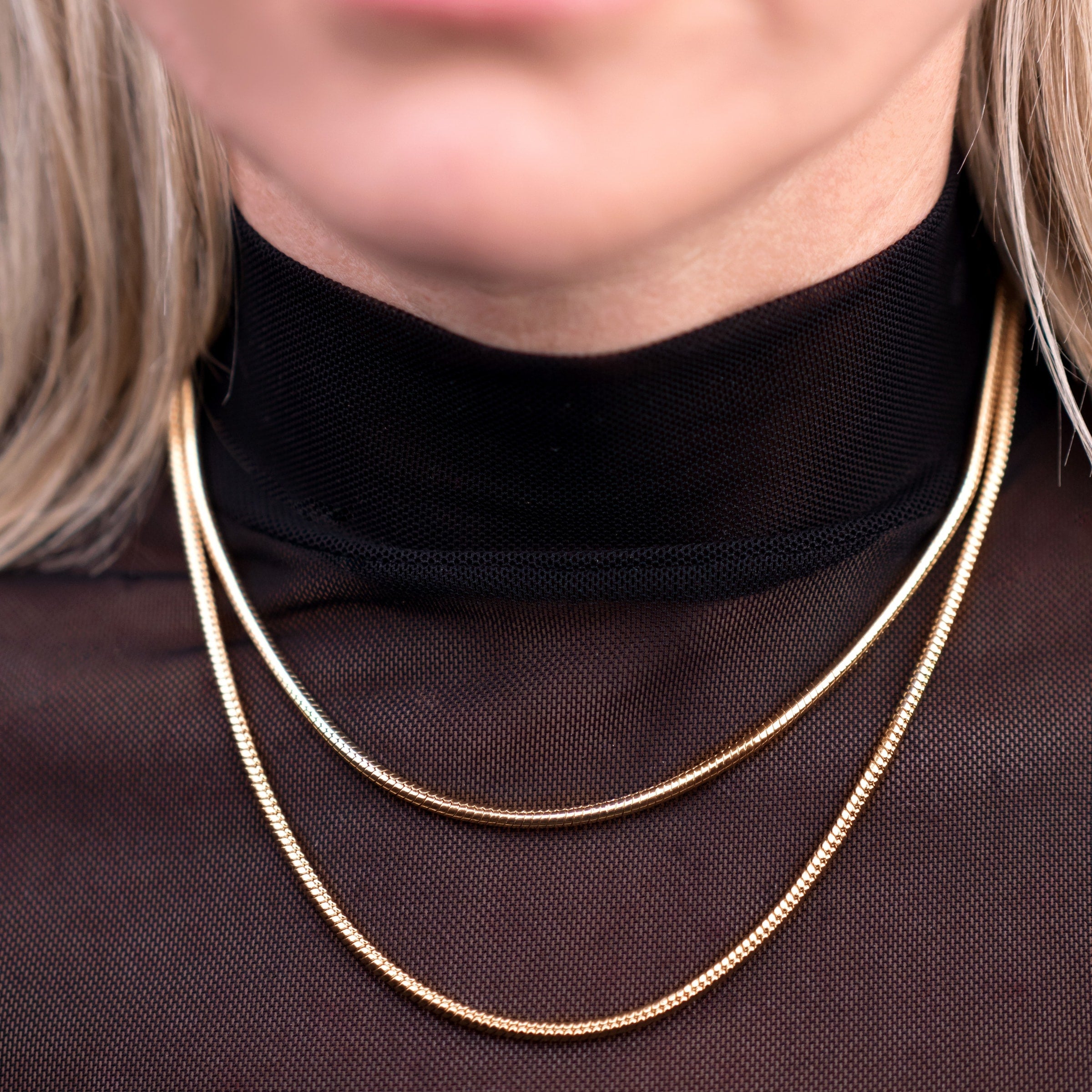 Round Snake Chain Necklace, Yellow & White Gold 16" and 18"