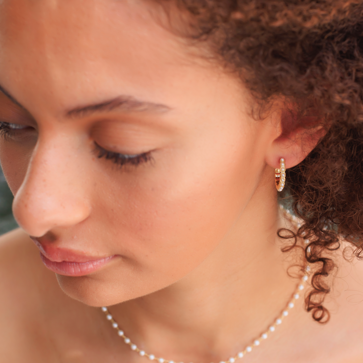 Gold Plated Pearl and Turquoise Pave Mini Huggie Earrings